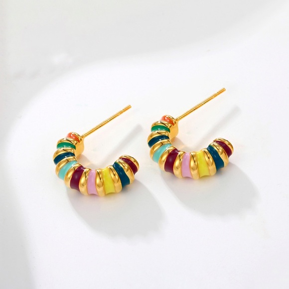 Enamel Earrings 925 Sterling Silver Croissant Earrings 14k Gold Plated - Picture 4 of 8